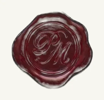 Burgundy wax seal with PM monogram
